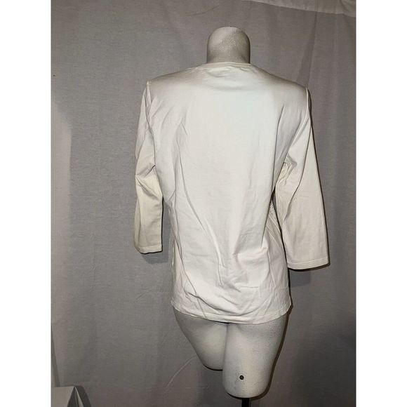 Zenergy by CHICO'S Top Size L 2 Cream Silver Embellished Front 3/4 Sleeve Shirt - Picture 2 of 3